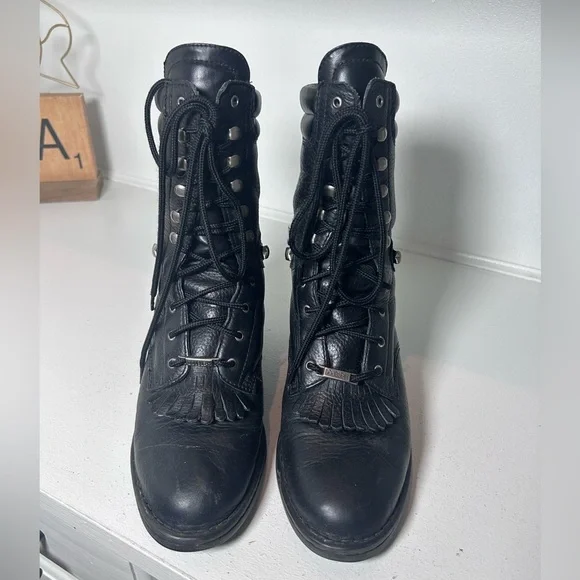 Double H Black Leather Kiltie Lace-Up Western Boots Women's 9.5 Moto Cowboy - Picture 3 of 8